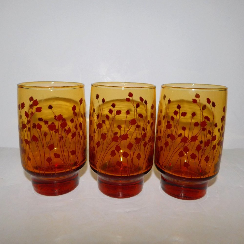Set of 3 Vintage 70s / 80s Smokey Amber Floral 4.75" Juice glasses Tumblers
